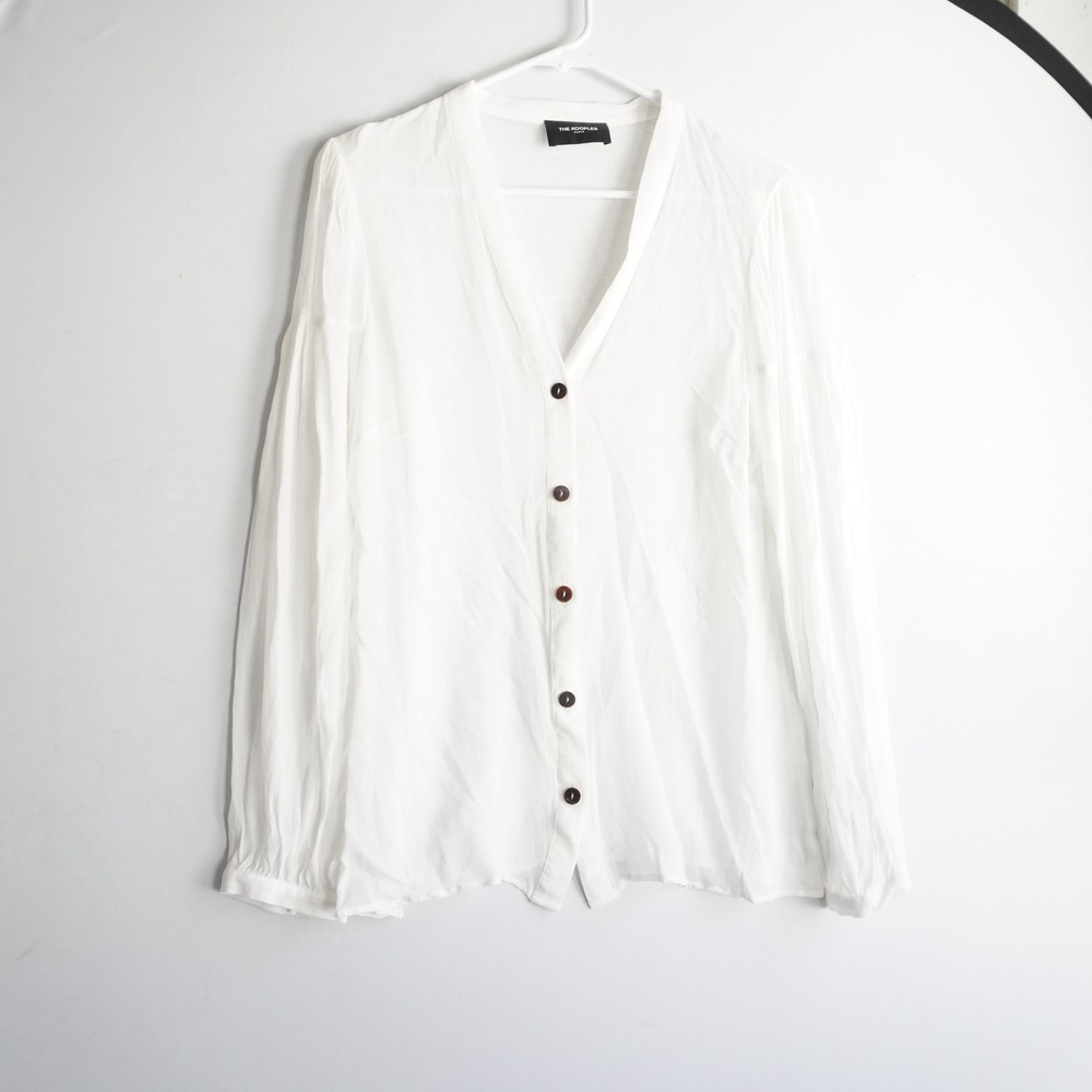 The Kooples Sheer White V-Neck Button Front Long Sleeve Blouse Puff shoulder Top